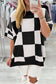 Light French Beige Checkered Pattern Loose Drop Shoulder Half Sleeve Sweater