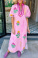 Pink Floral Print Short Sleeve Colorblcok Trim V Neck Midi Dress