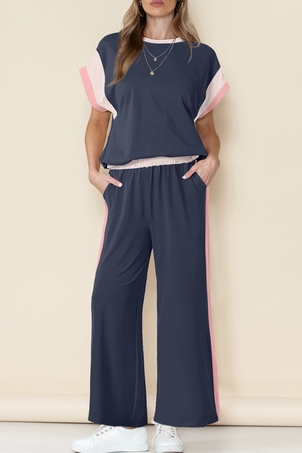 White Color Block Detail Casual Two-piece Set