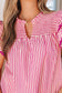 Rose Stripe Shirred Yoke Ruffled Short Sleeve Blouse