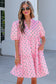 Pink Polka Dot Print V Neck Short Sleeve Tiered Mini Dress