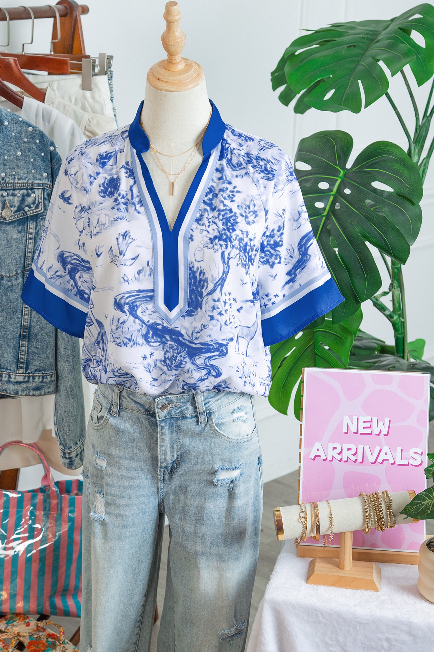 Blue Wild Animal Paradise Contrast V Neck Raglan Sleeve Blouse