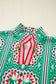 Sea Green Boho Abstract Print Contrast Striped Collared V Neck Blouse