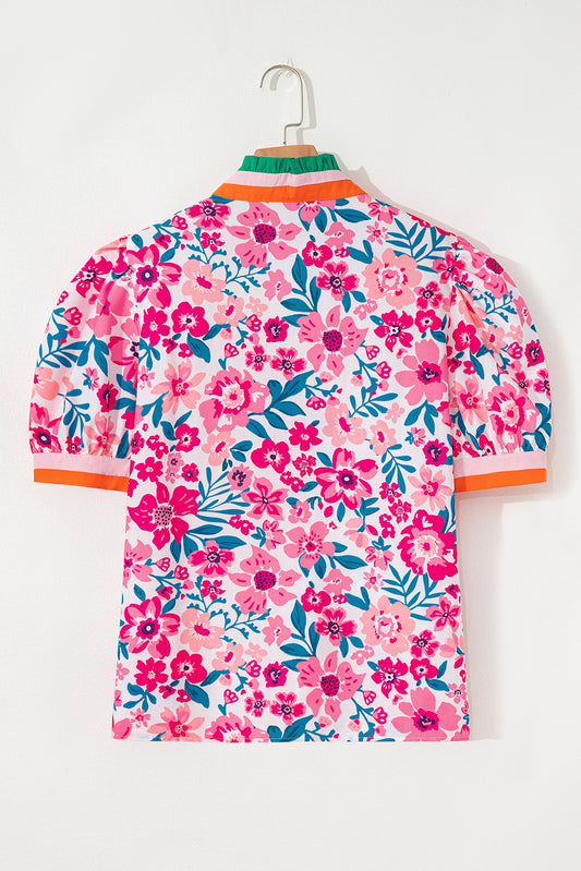 Pink Floral Print Contrast Striped Detail Short Sleeve Blouse
