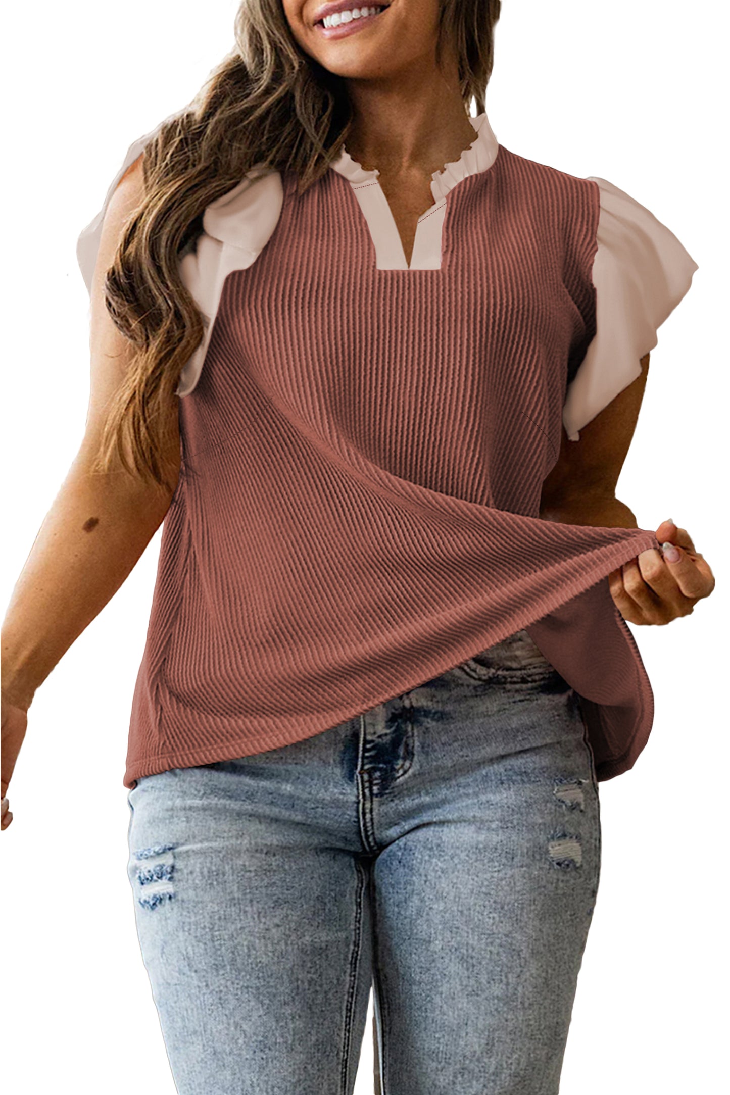 Fushia Plus Size Contrast Frilled Neckline Ruffled Short Sleeve Ribbed Textured Blouse