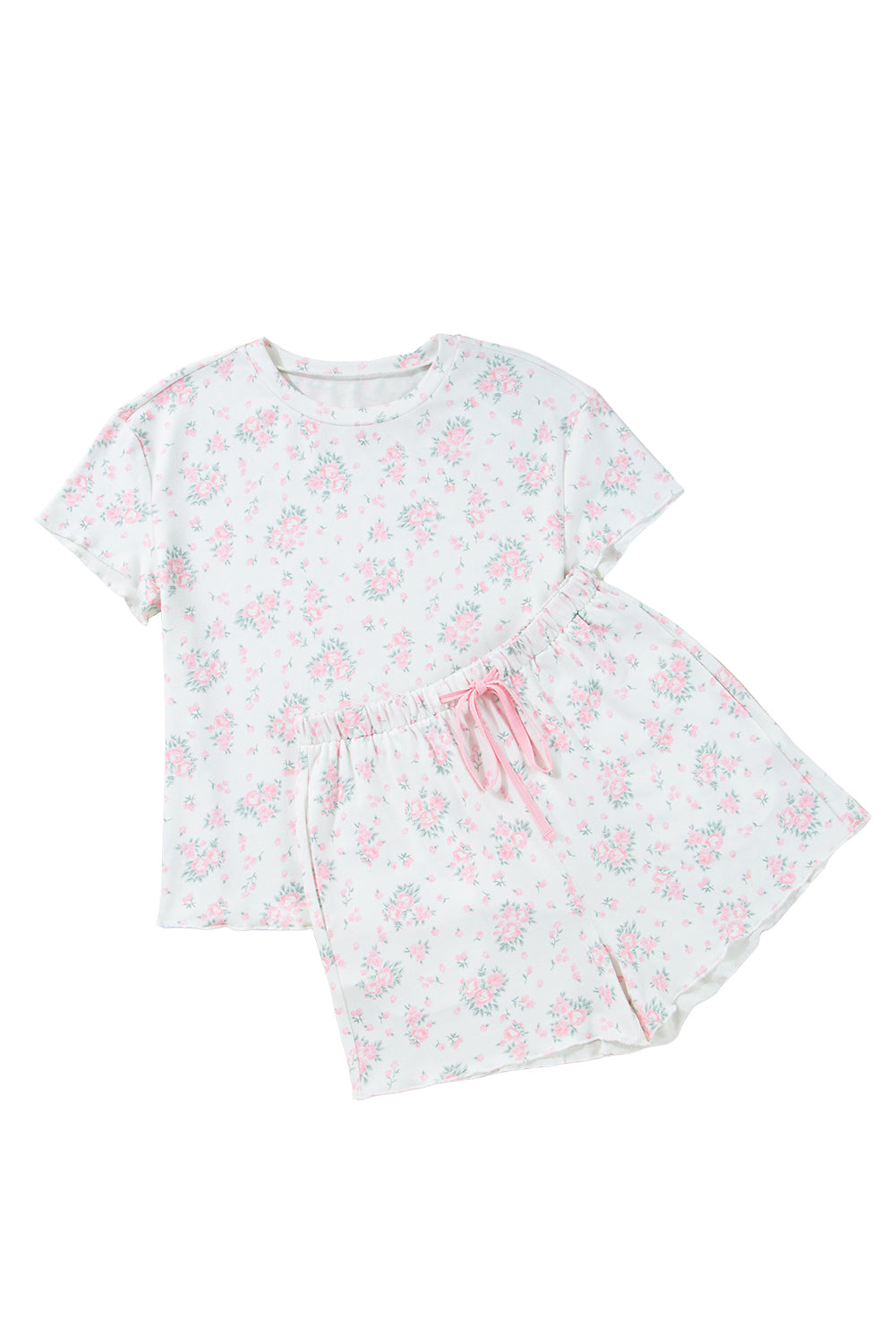 Pink Floral Lettuce Trim Tee and Shorts Ribbed Lounge Set