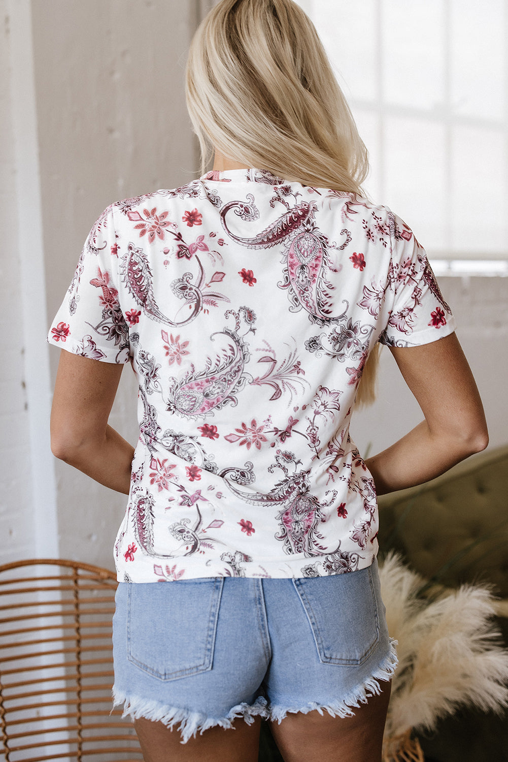 White Vintage Paisley Mock Neck T Shirt
