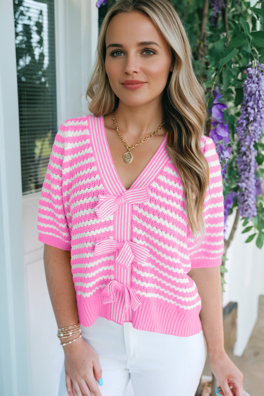 Sky Blue Stripe Short Sleeve Knit V Neck Bow Knot Sweater