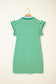 Green Stripe Print Contrast Collar Split Neck Flutter Sleeve Short Dress