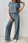Mist Green Ribbed Keyhole Short Sleeve Wide Leg Jumpsuit