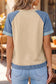 Beige Denim Color Block Patchwork Round Neck Tee