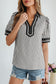 Black Stripe Collared Split Neck Short Bubble Sleeve Blouse