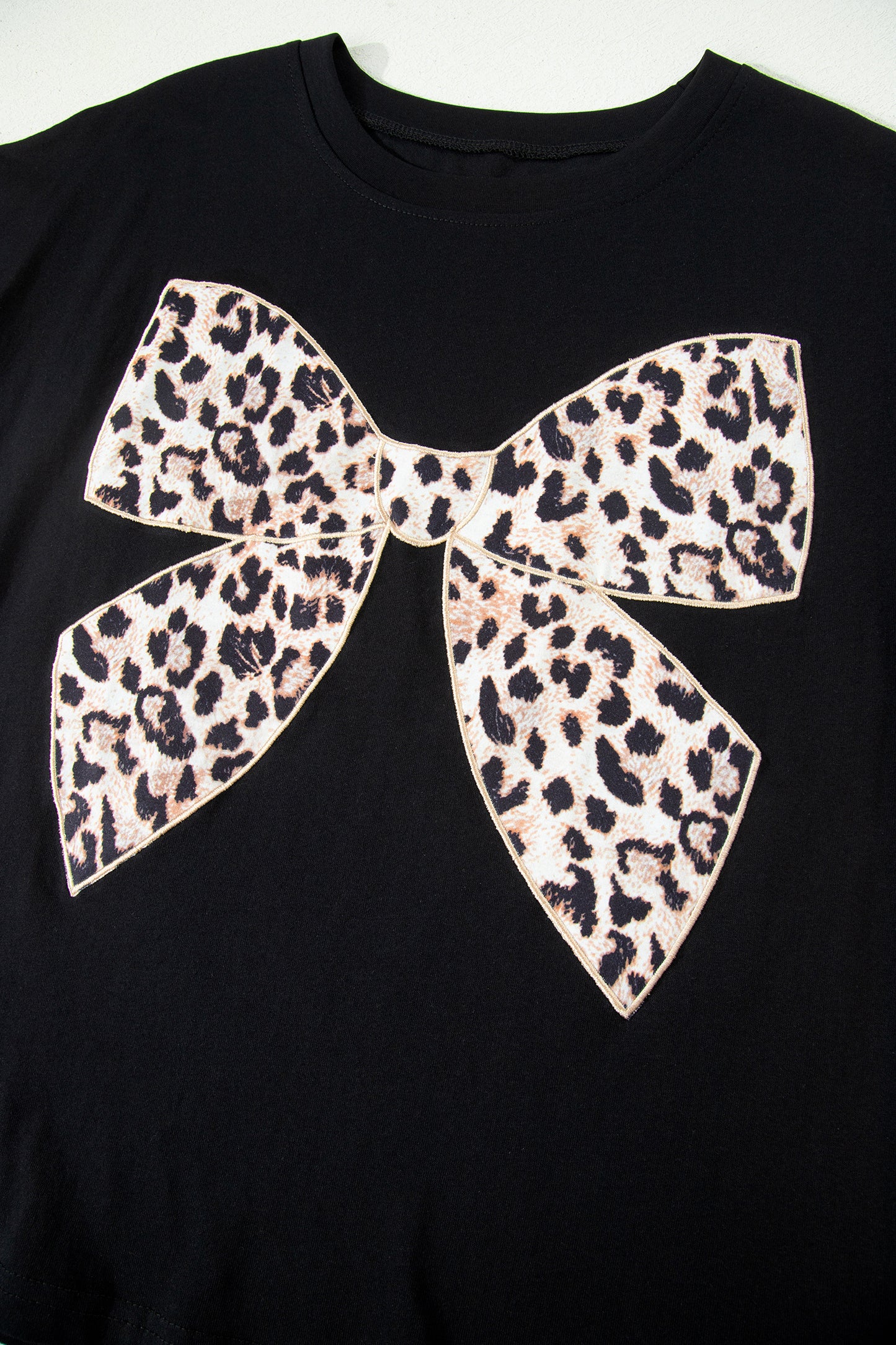 Pink Leopard Bow Embroidered Cotton Round Neck T Shirt