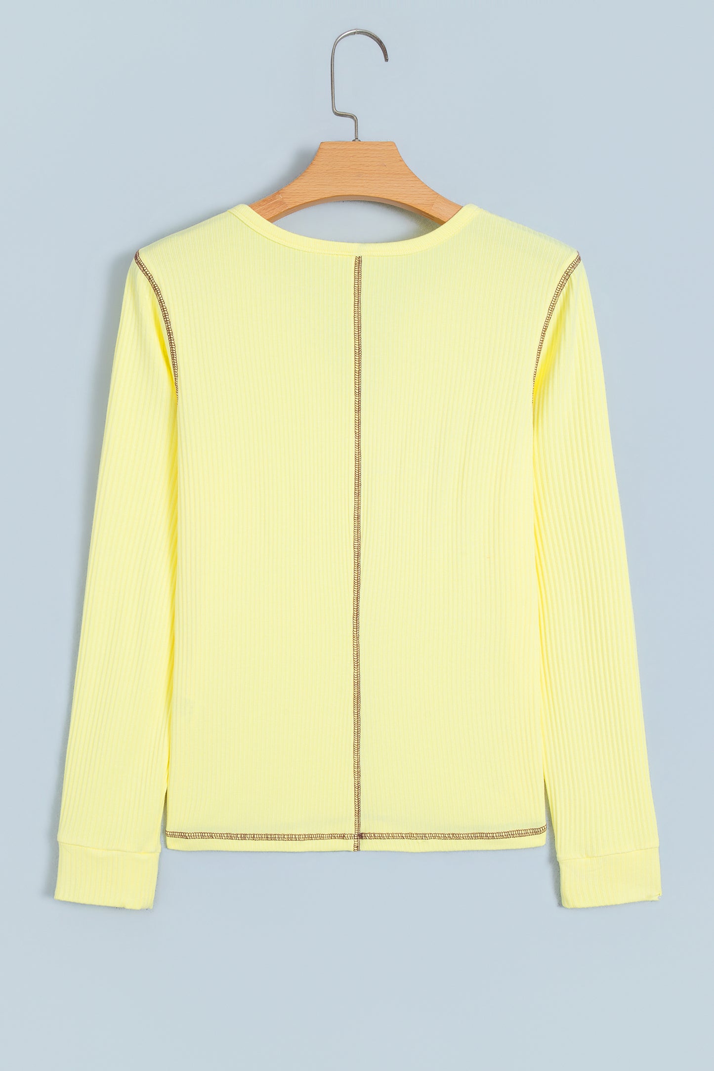 Banana Cream V Neck Ribbed Stitched Detail Long Sleeve Top