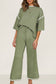 Navy Blue Contrast Trim Half Sleeve Top Drawstring Pants Loose 2pcs Sweater Suit