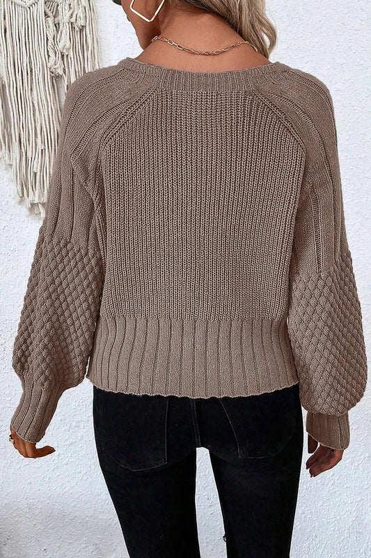 Goat Mixed Texture Knit Button V Neck Sweater Cardigan