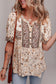 Khaki Boho Floral Print Half Placket Short Sleeve Loose Blouse