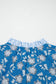 Blue Floral Print Button Tie Neck Striped Detail Short Sleeve Blouse
