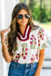 Black Floral Short Bubble Sleeve Contrast Slit Neckline Blouse