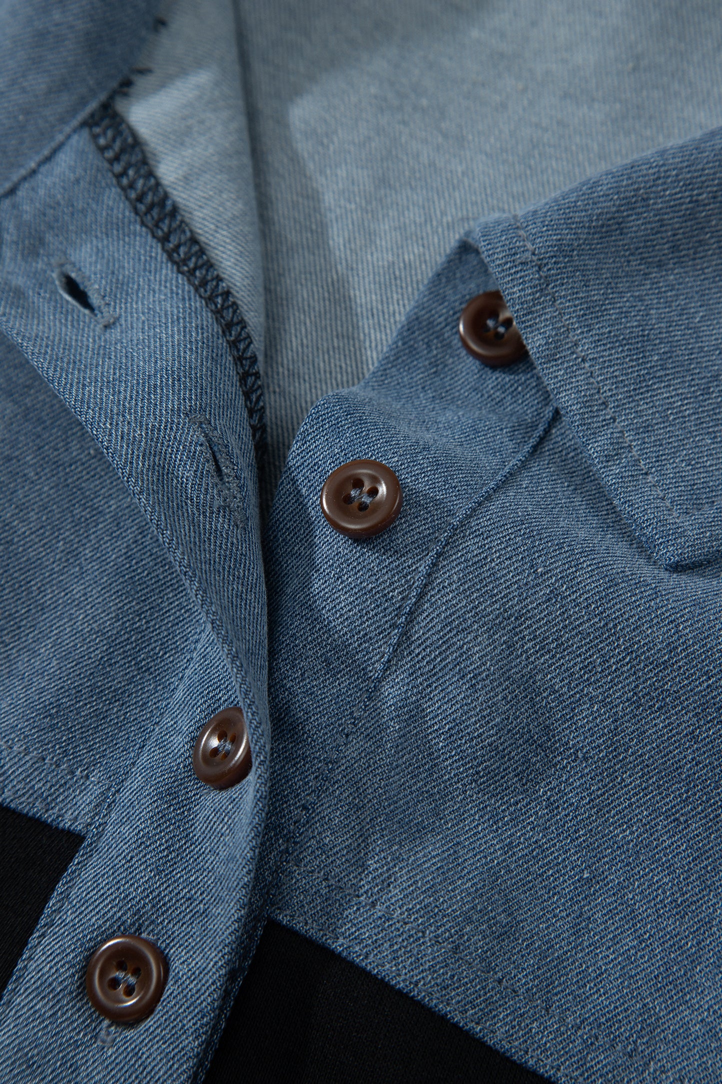 Black Color Block Denim Patchwork Button Polo Collar Short Sleeve Top