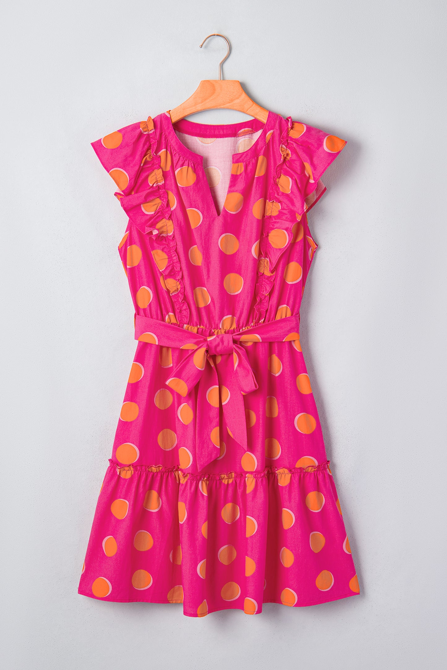 Rose Double Polka Dot V Neck Ruffled Short Sleeve Dress