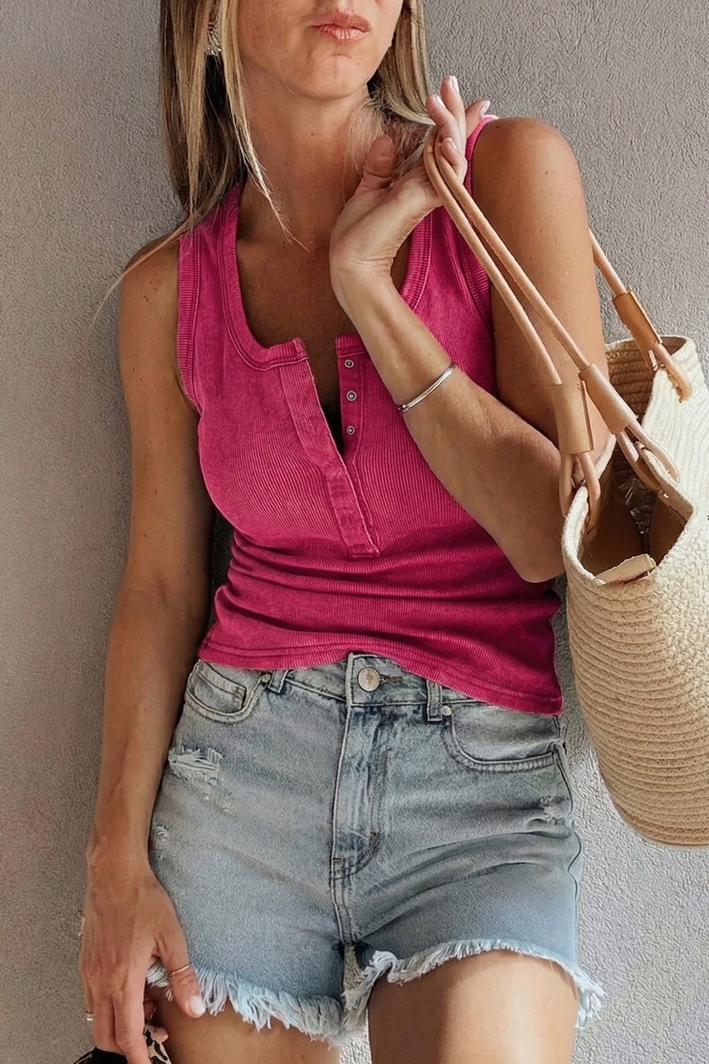 Blue Vintage Distressed Ribbed Mineral Wash Tank Top