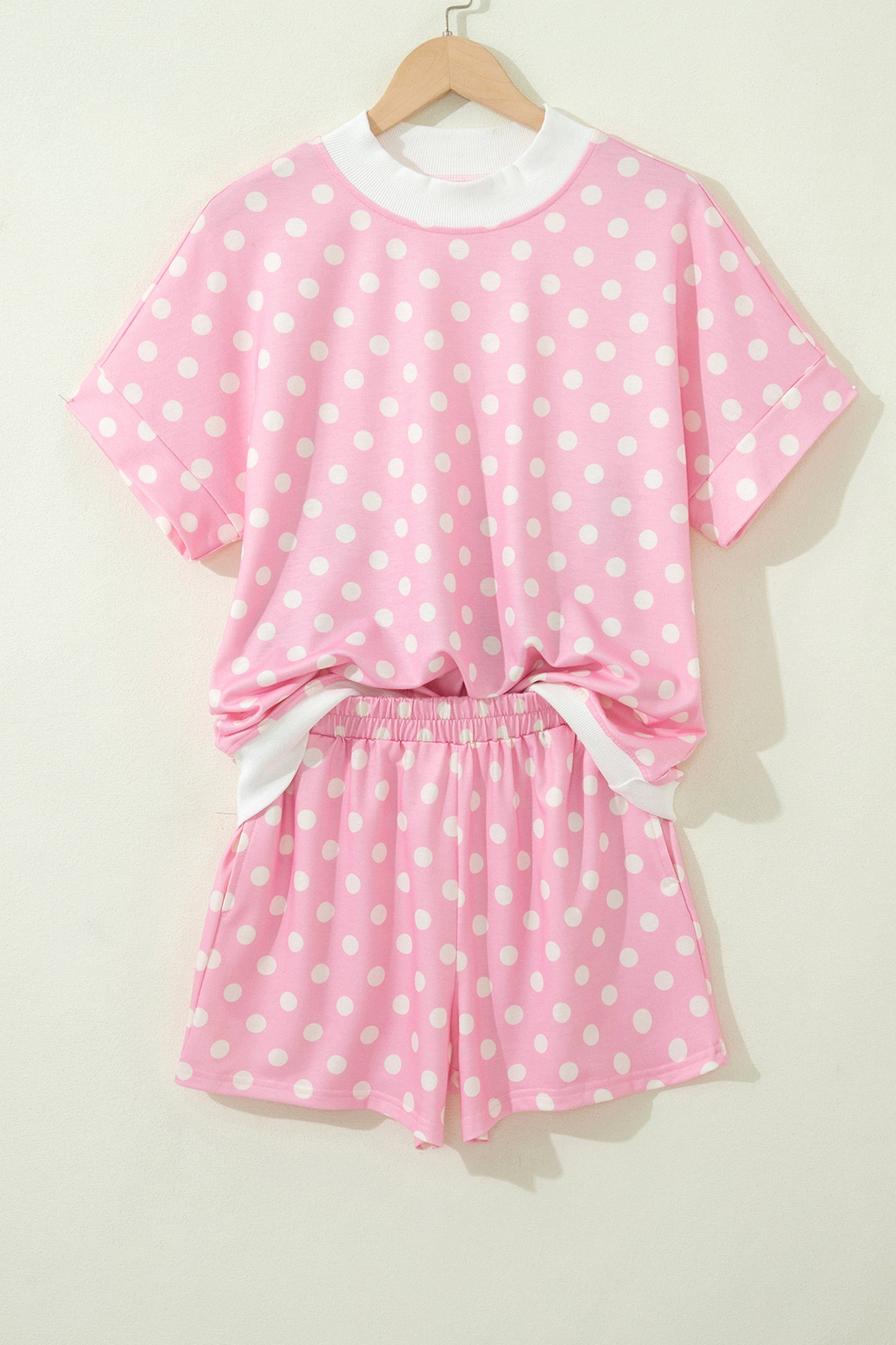 Sky Blue Polka Dot Print Color Block Trim Mock Neck Short Set