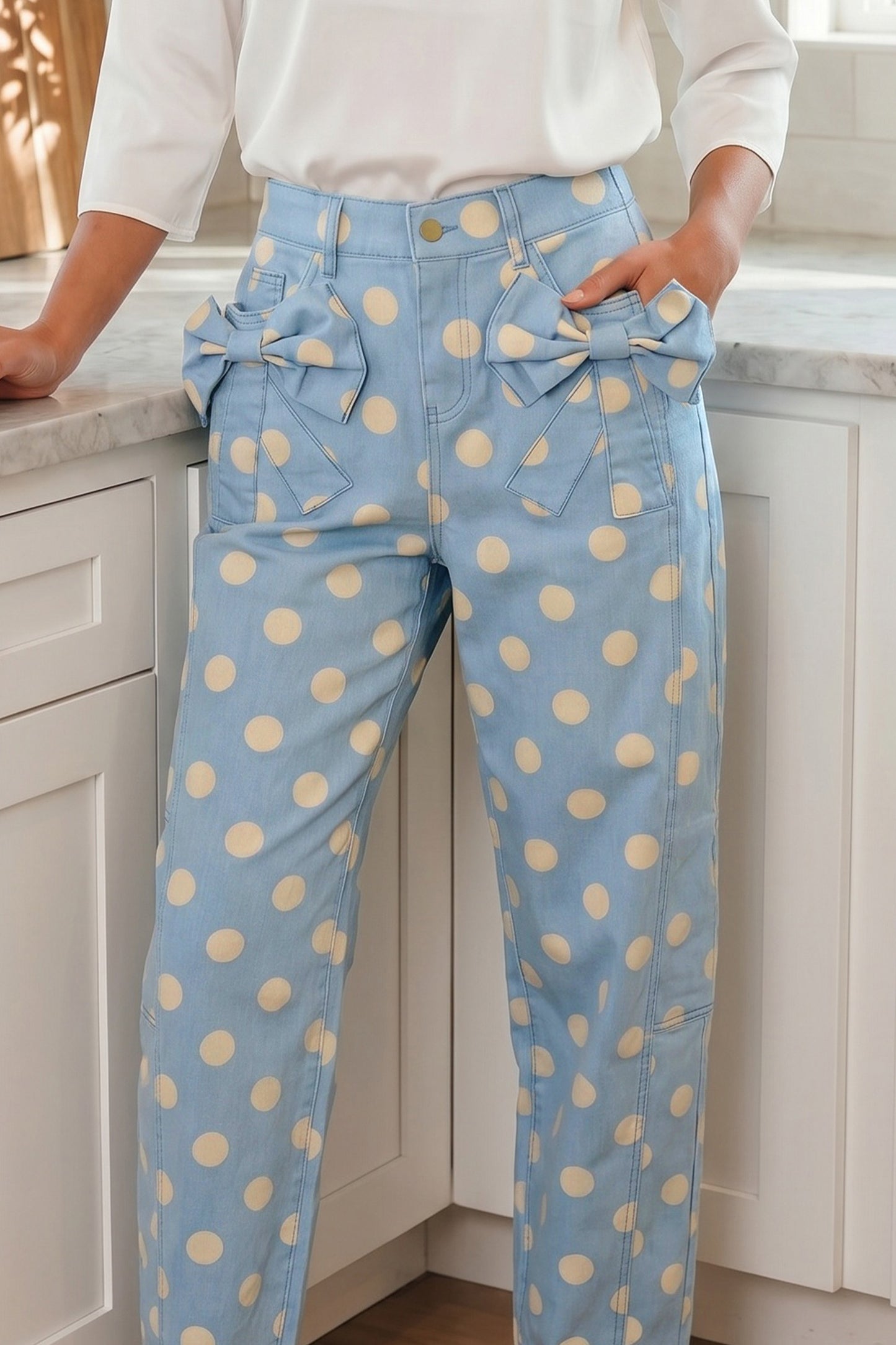 Sky Blue Polka Dot Print Bow Detail Pocketed Jeans
