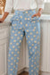 Sky Blue Polka Dot Print Bow Detail Pocketed Jeans