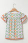 Green Geometric Floral Print Layered Flutter Sleeve V Neck Ric Rac Trim Blouse