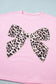 Pink Leopard Bow Embroidered Cotton Round Neck T Shirt