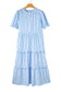 Sky Blue Stripe Bubble Short Sleeve Tiered Scallop Long Dress