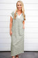 Green Stripe Collared V Neck Short Sleeve T Shirt Midi Dress with Pockets