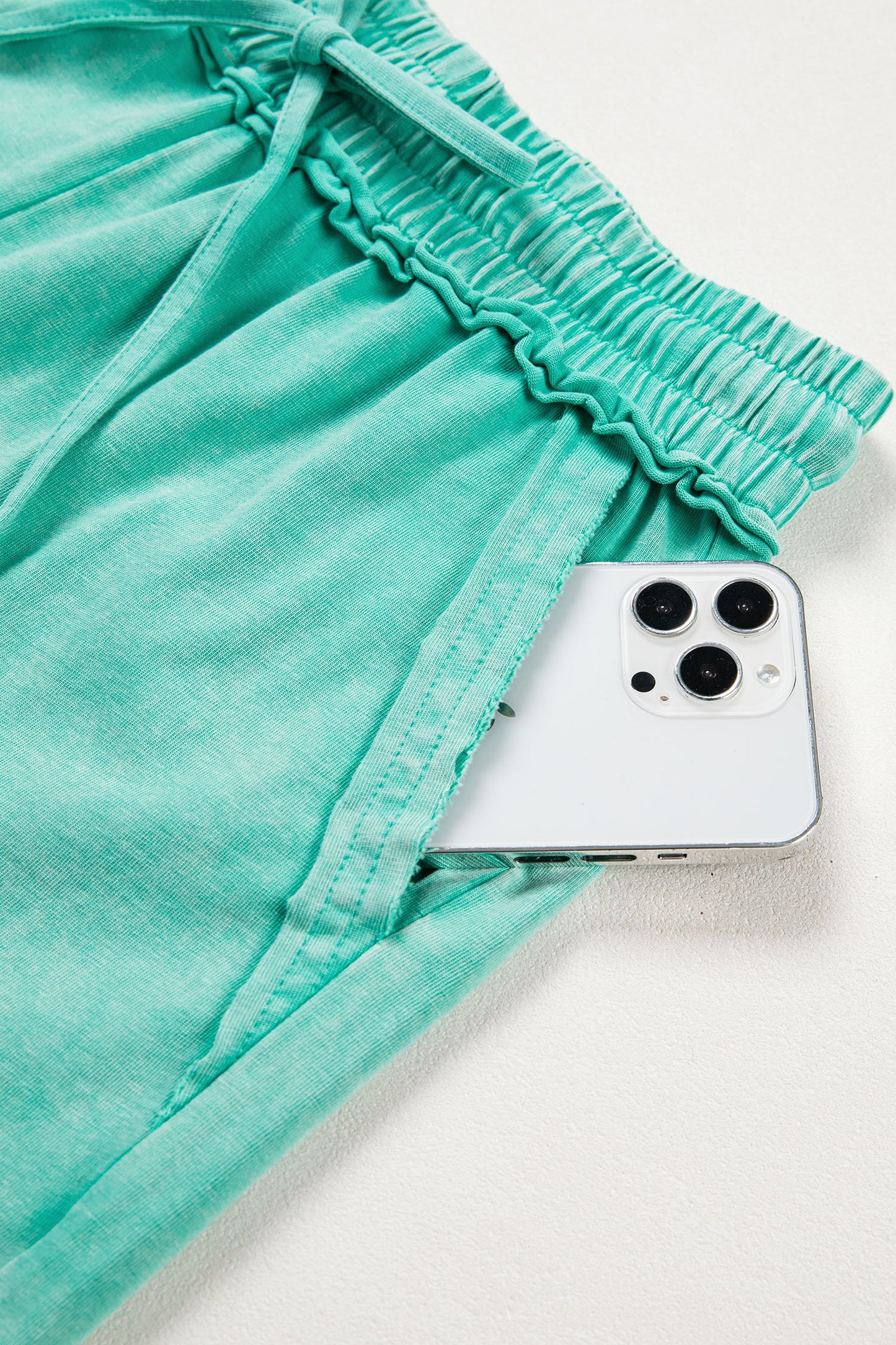 Sky Blue Mineral Washed Drawstring Elastic Waist Raw Cut Shorts