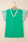 Dark Green Plus Size Button Front Ruffled Stripe Trim V Neck Flutter Sleeve Blouse