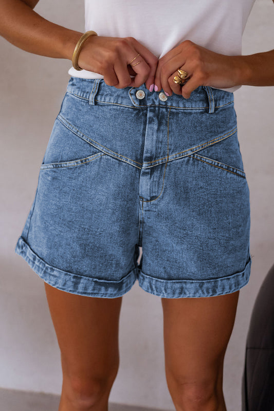 Ivy Seam Detail Pocketed Cuffed Hem Denim Shorts