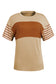 Tan Color Block Striped Detail Loose T Shirt