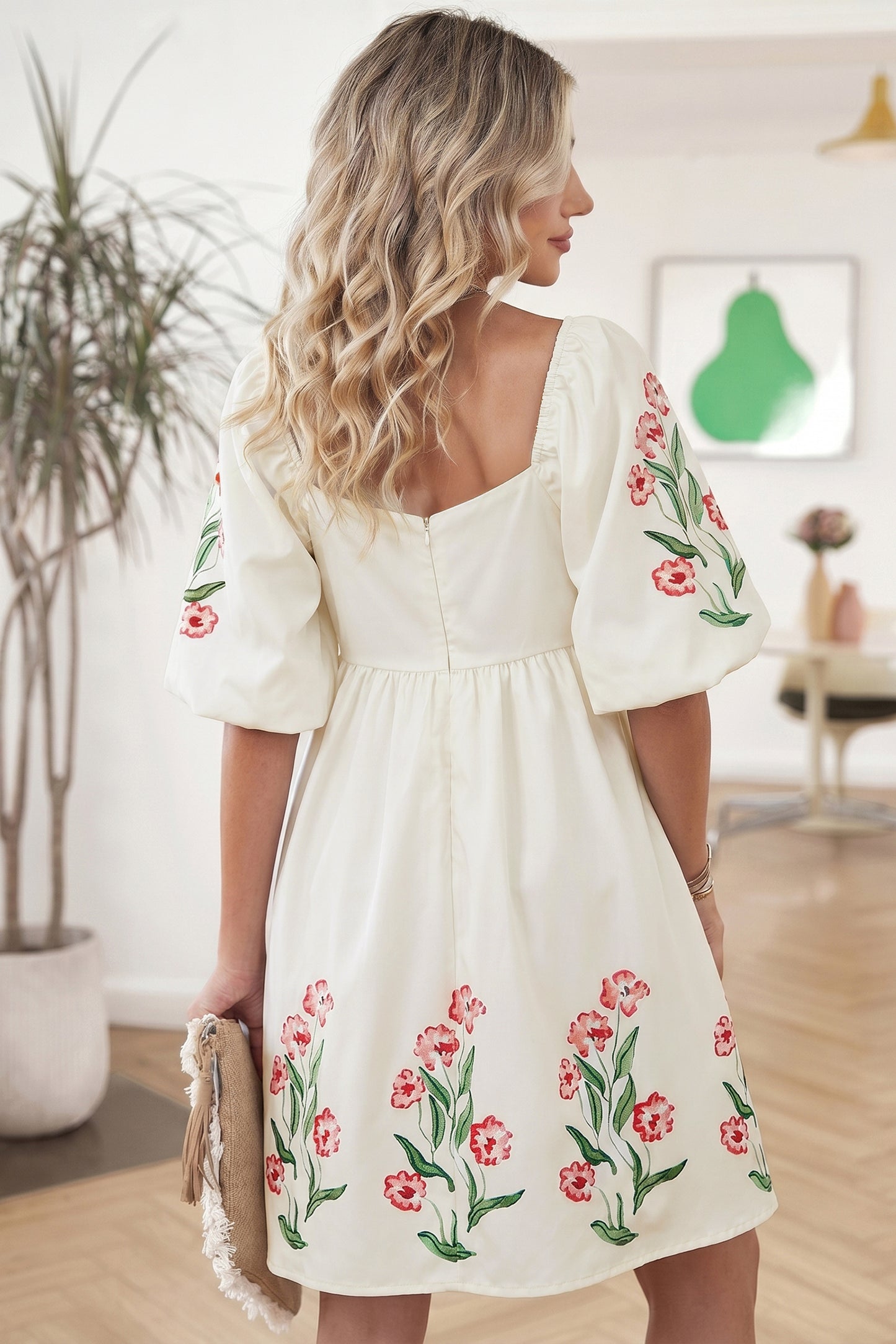 Beige Floral Print Puff Sleeve Babydoll Dress