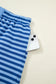 Blue Stripe Drop Shoulder Long Sleeve Pullover Elastic Waist Casual Short Set