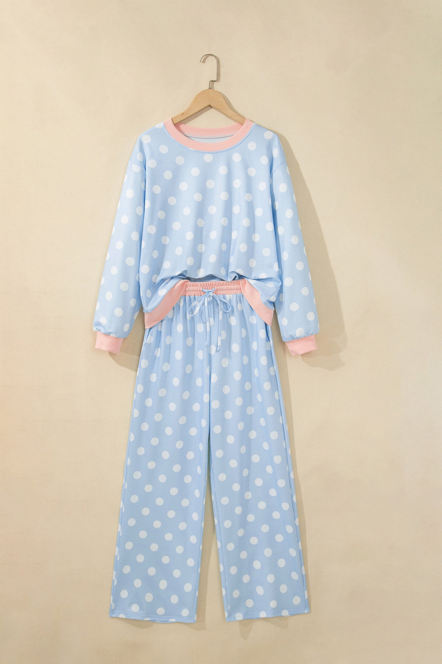Sky Blue Polka Dot Contrast Trim Long Sleeve Top Drawstring Shift Pants Set