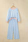 Sky Blue Polka Dot Contrast Trim Long Sleeve Top Drawstring Shift Pants Set