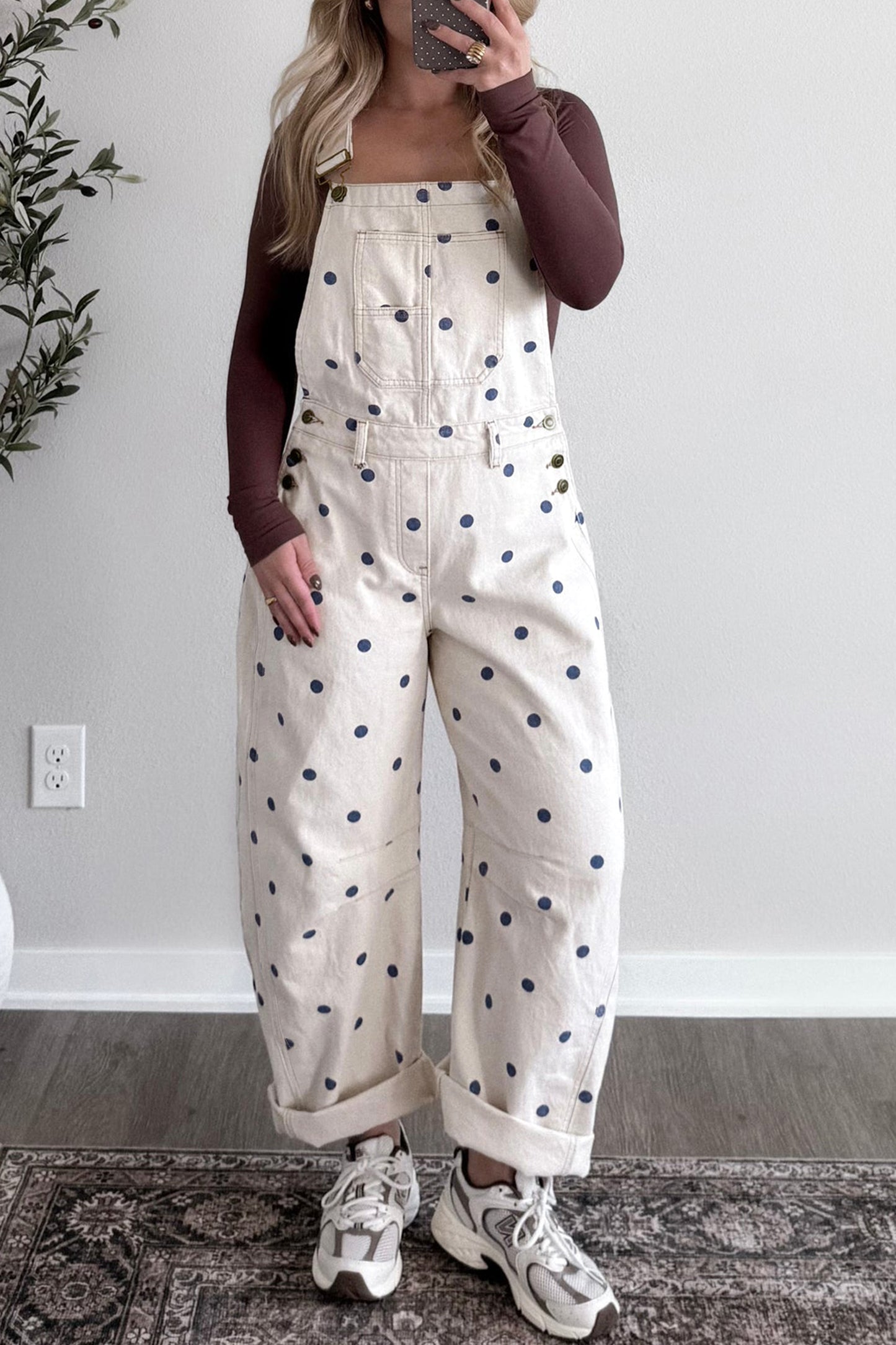 Jet Stream Polka Dot Print Bib Pocket Denim Barrel Overalls Jumpsuit