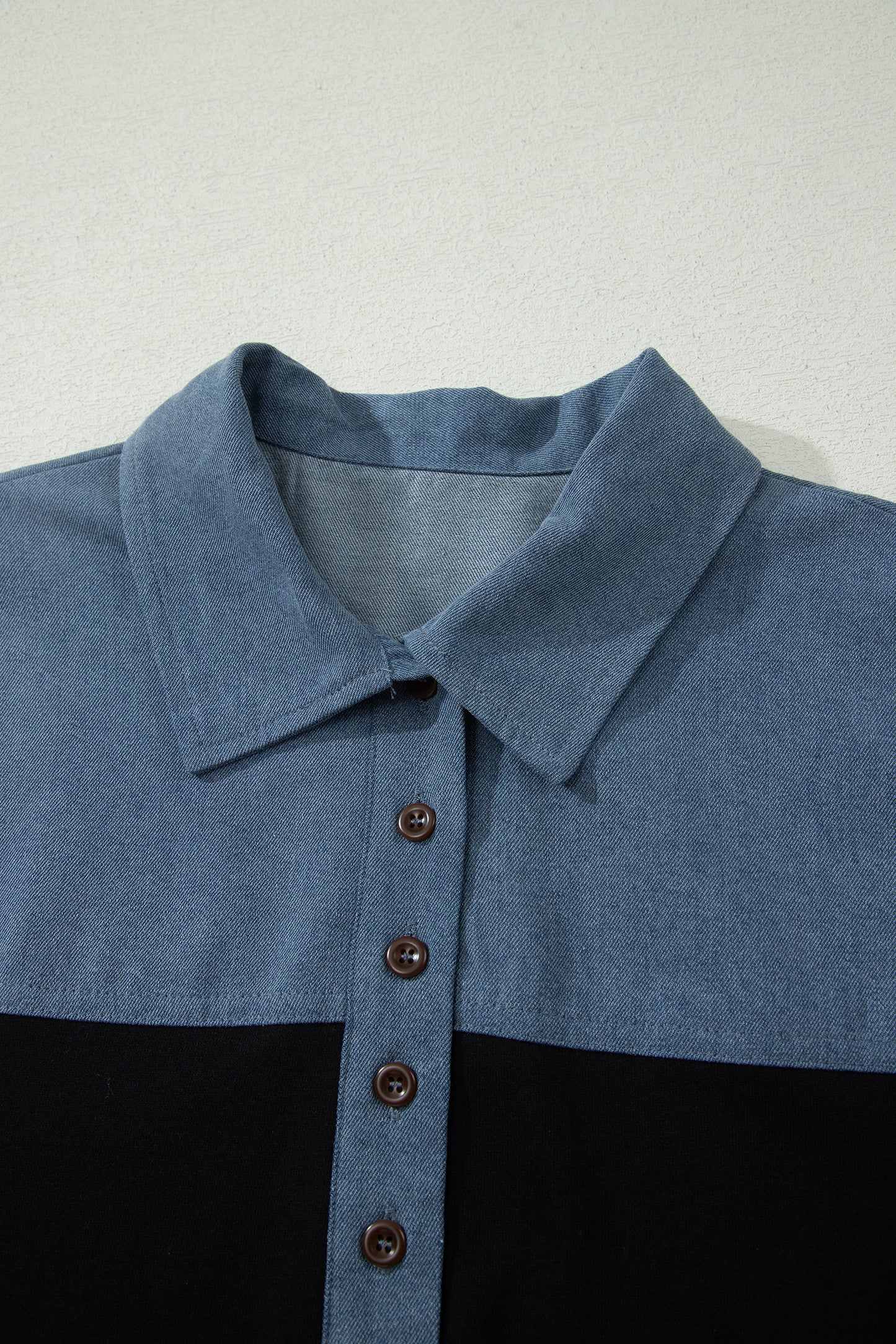 Black Color Block Denim Patchwork Button Polo Collar Short Sleeve Top