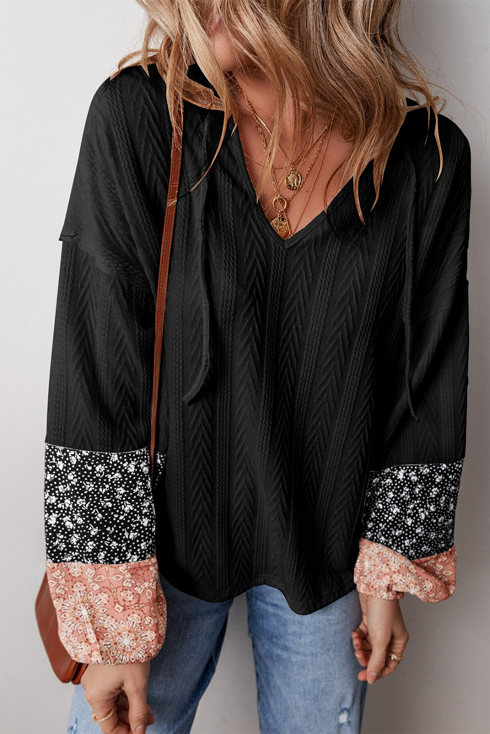 White Floral Patchwork Textured Knit Drawstring V Neck Blouse