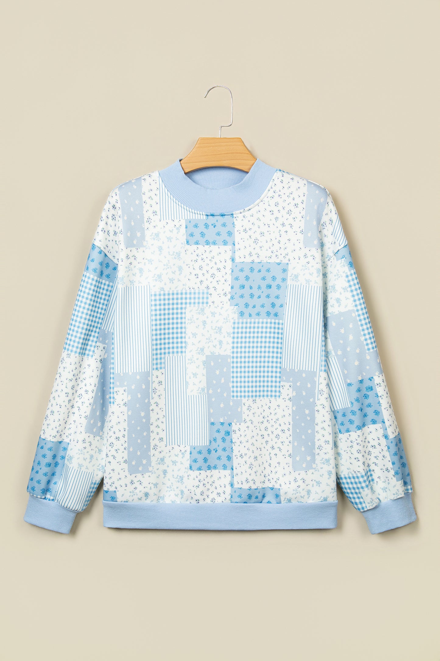 Khaki Patchwork Floral Print Mock Neck Long Sleeve Sweatshirt