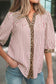 Pink Stripe Leopard Trim V Neck Button Down Half Sleeve Shirt