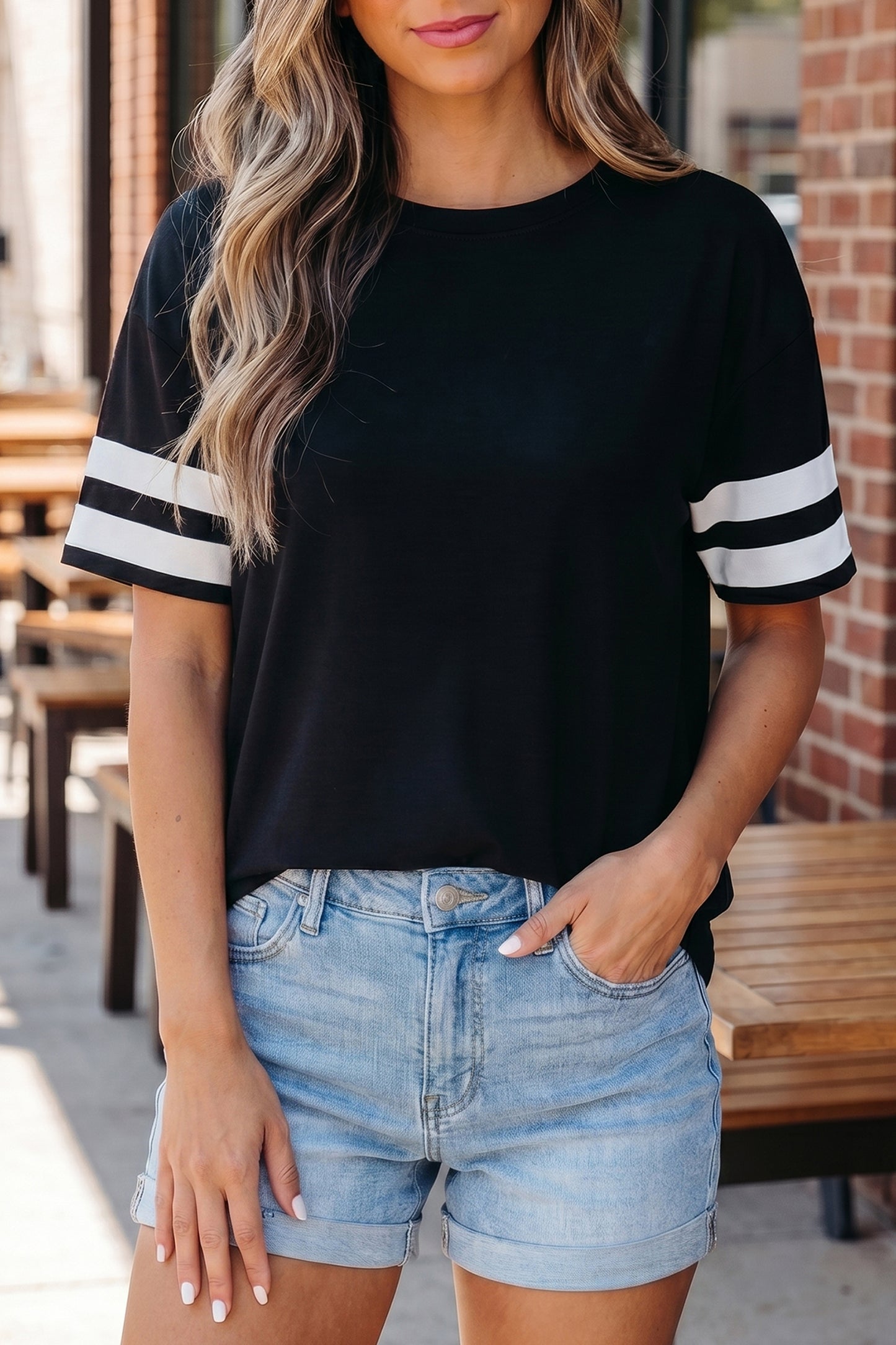 Fiery Red Varsity Striped Short Sleeve Crew Neck T Shirt