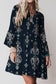 Sky Blue Boho Floral Print Lettuce Trim 3/4 Sleeve Mini Dress