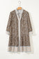Khaki Plus Size Leopard Print Striped Trim V Neck Drop Waist Long Sleeve Mini Dress