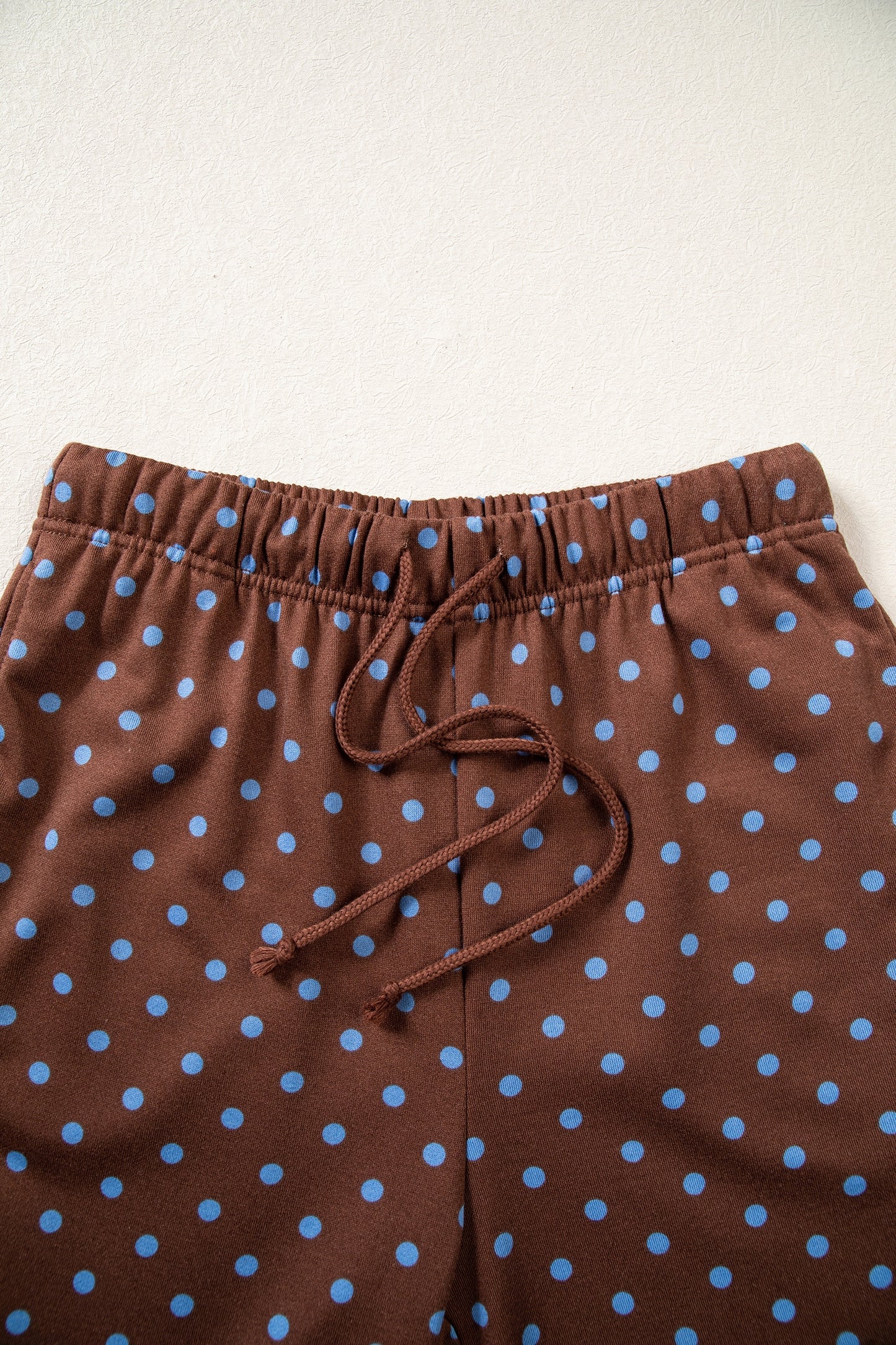 Brown Polka Dot Drawstring Wide Leg Long Sleeve Top Pant Set